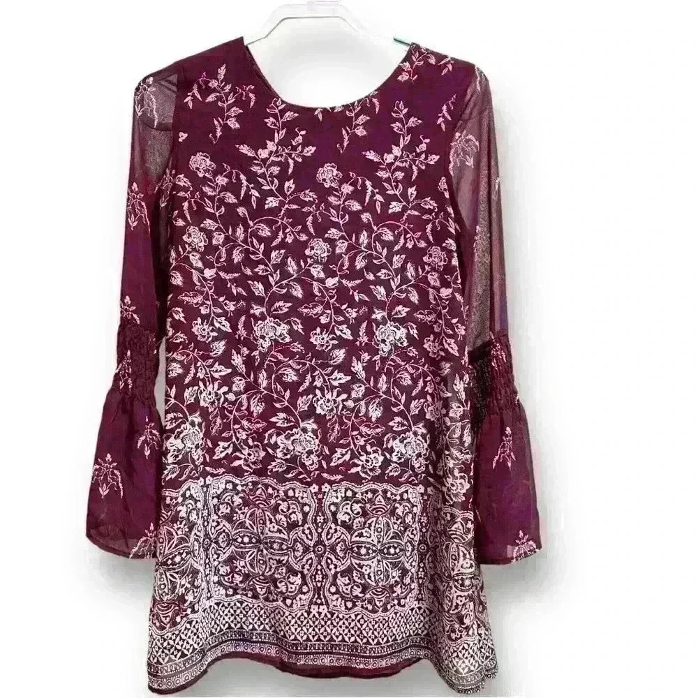 Speechless Dress Womens Medium Burgundy Red Floral Chiffon Lined Bell Sleeve